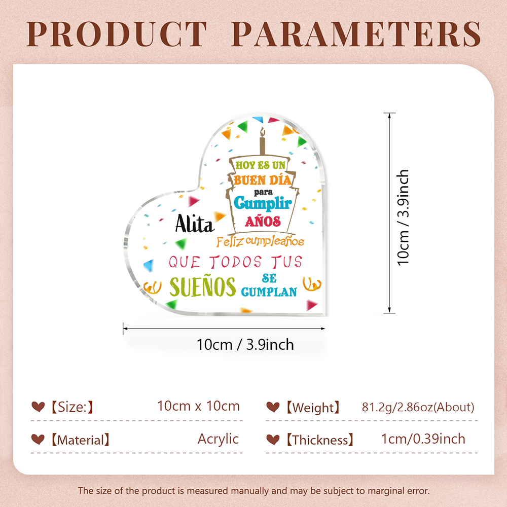 Cumpleaños-Placa de acrílico en forma de corazón con nombre personalizado-Jessemade ES
