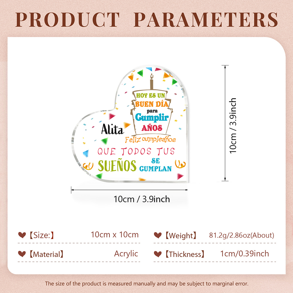 Cumpleaños-Placa de acrílico en forma de corazón con nombre personalizado-Jessemade ES