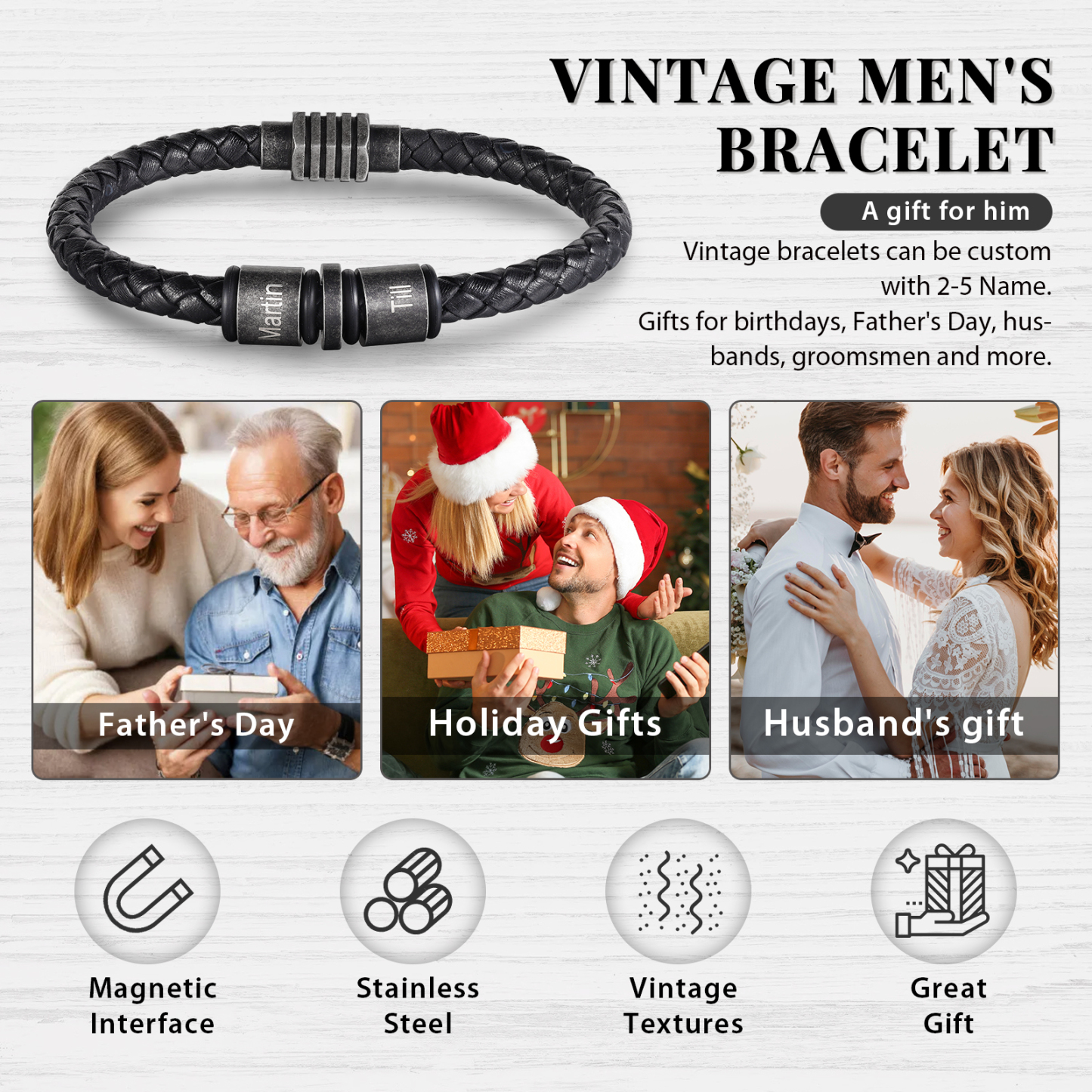 Pulsera de cuero trenzado con 2 aros 2 nombres personalizados pulsera de hombre -Jessemade ES