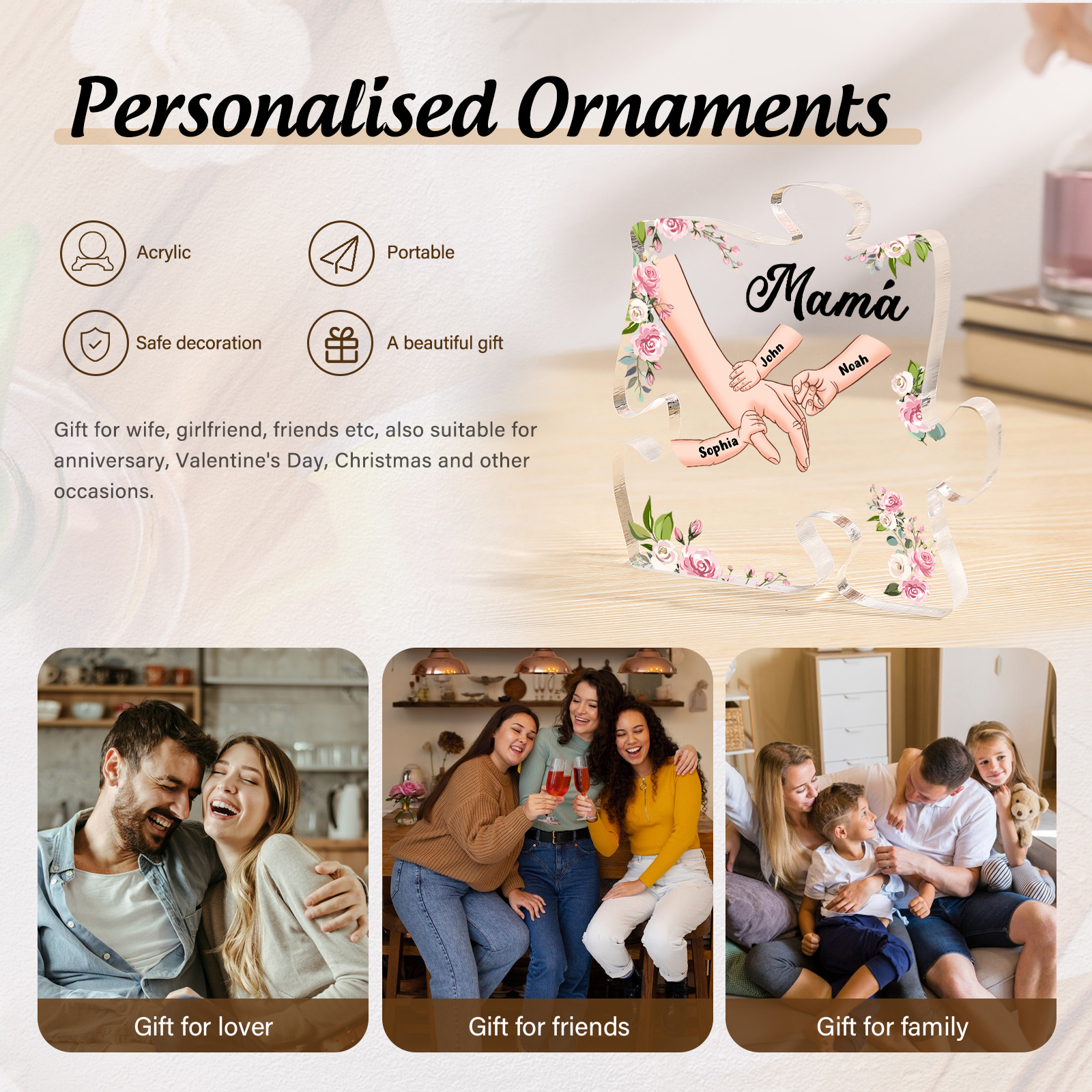 A mi mamá/abuela-Placa de acrílico en forma de corazón mano a mano con 1 texto y 3 nombres personalizados | Jessemade