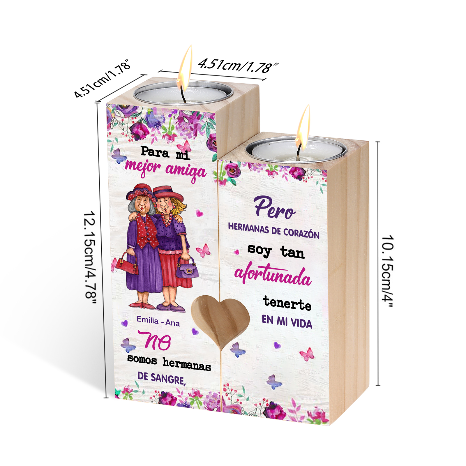 Candelero para amiga de madera de dos piezas sin candela con nombres personalizados-Jessemade ES