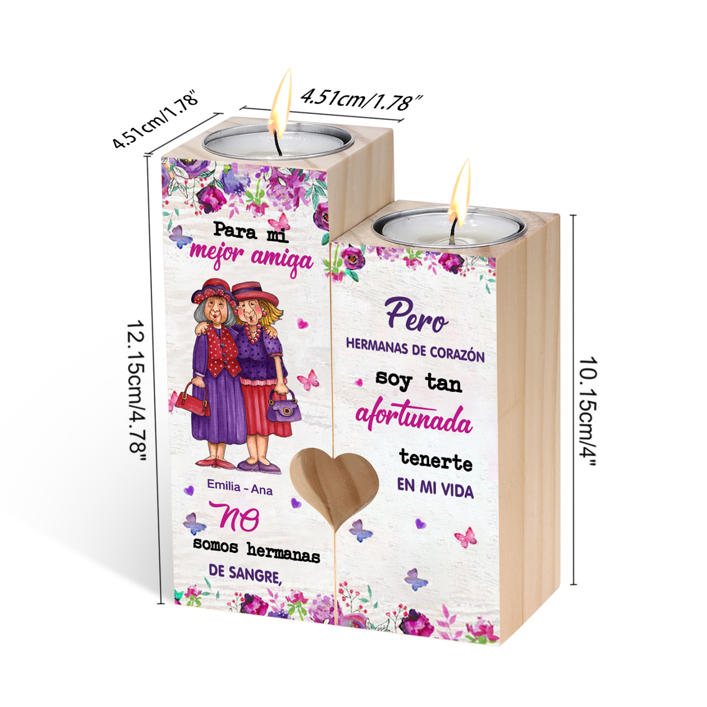 Candelero para amiga de madera de dos piezas sin candela con nombres personalizados-Jessemade ES