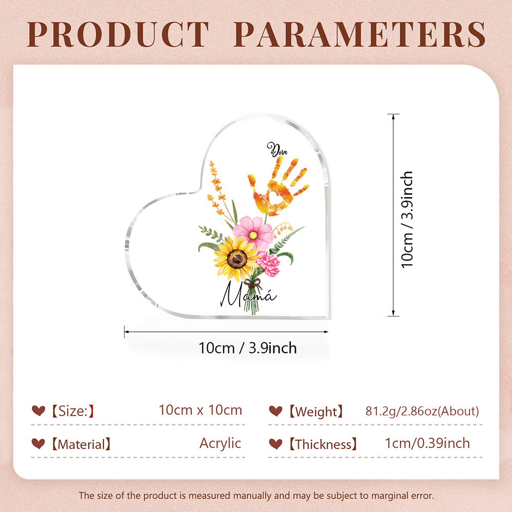 A mi mamá-Placa de acrílico en forma de corazón flor y manitas 1-5 nombres personalizados-Jessemade ES