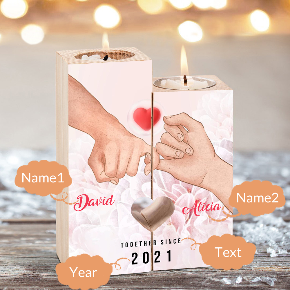 Candelero de dedos cogidos para pareja de madera de dos piezas sin candela con 2 nombres y texto personalizados y año-Jessemade ES