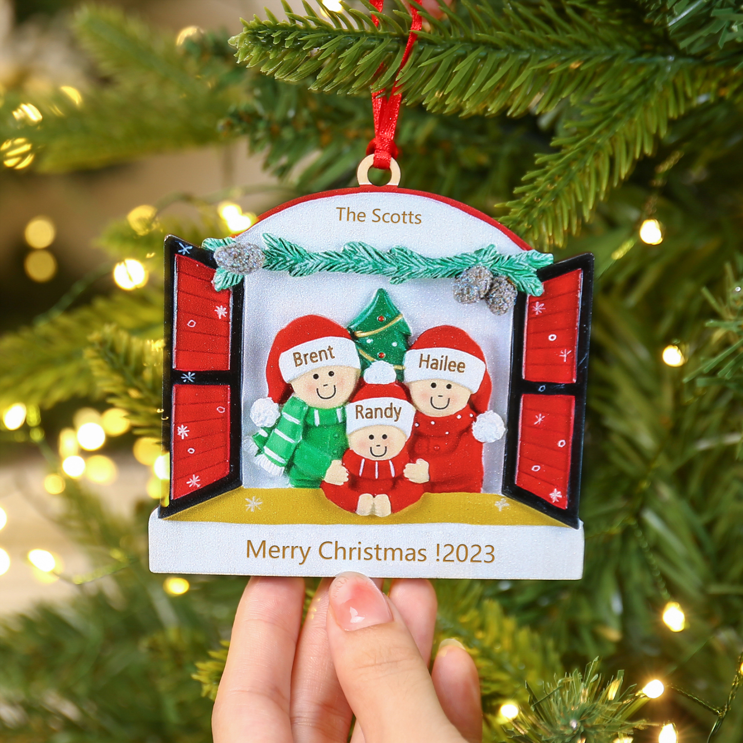 Navidad-Ornamento muñecos navideño de madera familia de 3 y 2 textos y año personalizados adorno del árbol-Jessemade ES