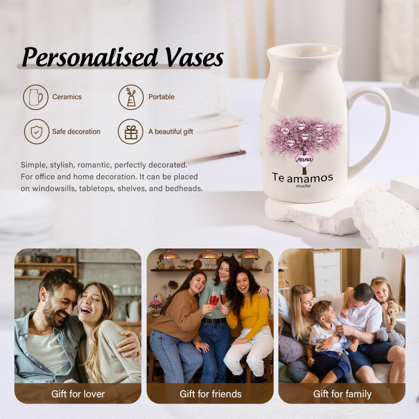 Florero de cerámica árbol de corazones 2-9 nombres personalizados con 2 textos decoración del hogar-Jessemade ES