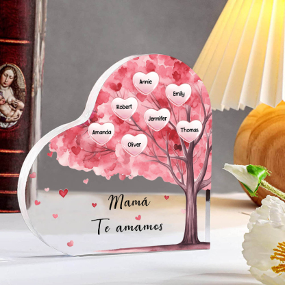A mi mamá/abuela-Placa de acrílico "Árbol" en forma de corazón 7 nombres y 1 texto personalizados-Jessemade ES
