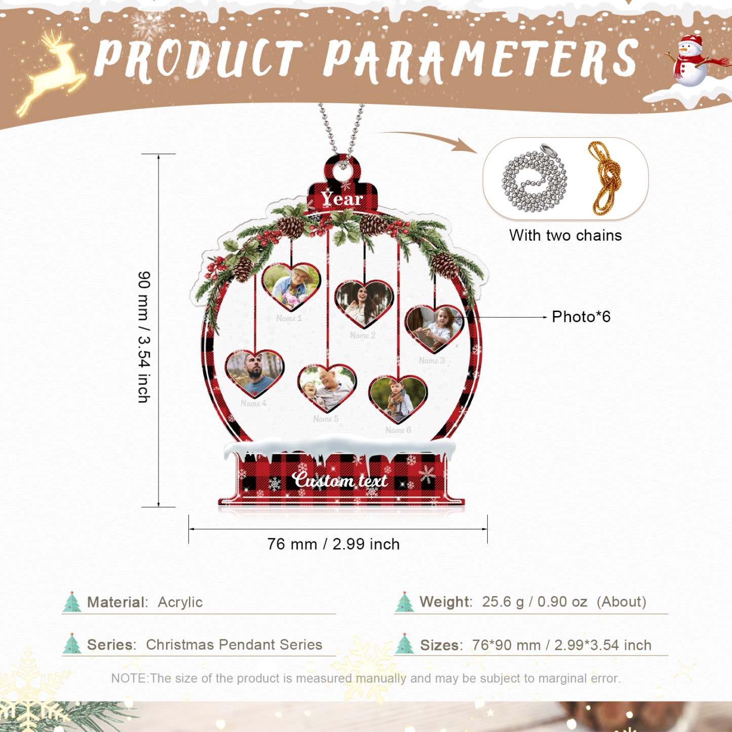 Navidad-Ornamento navideño de acrílico bola de cristal con 6 nombres, 6 fotos y 1 texto personalizados-Jessemade ES
