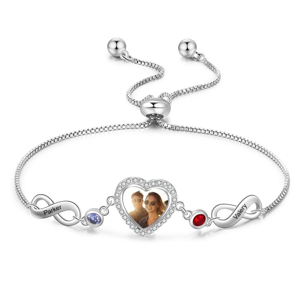 Pulsera para mujer con Corazón de 1 Foto Personalizada y con 2 Infinito de Nombres con 2 Piedras de Nacimiento