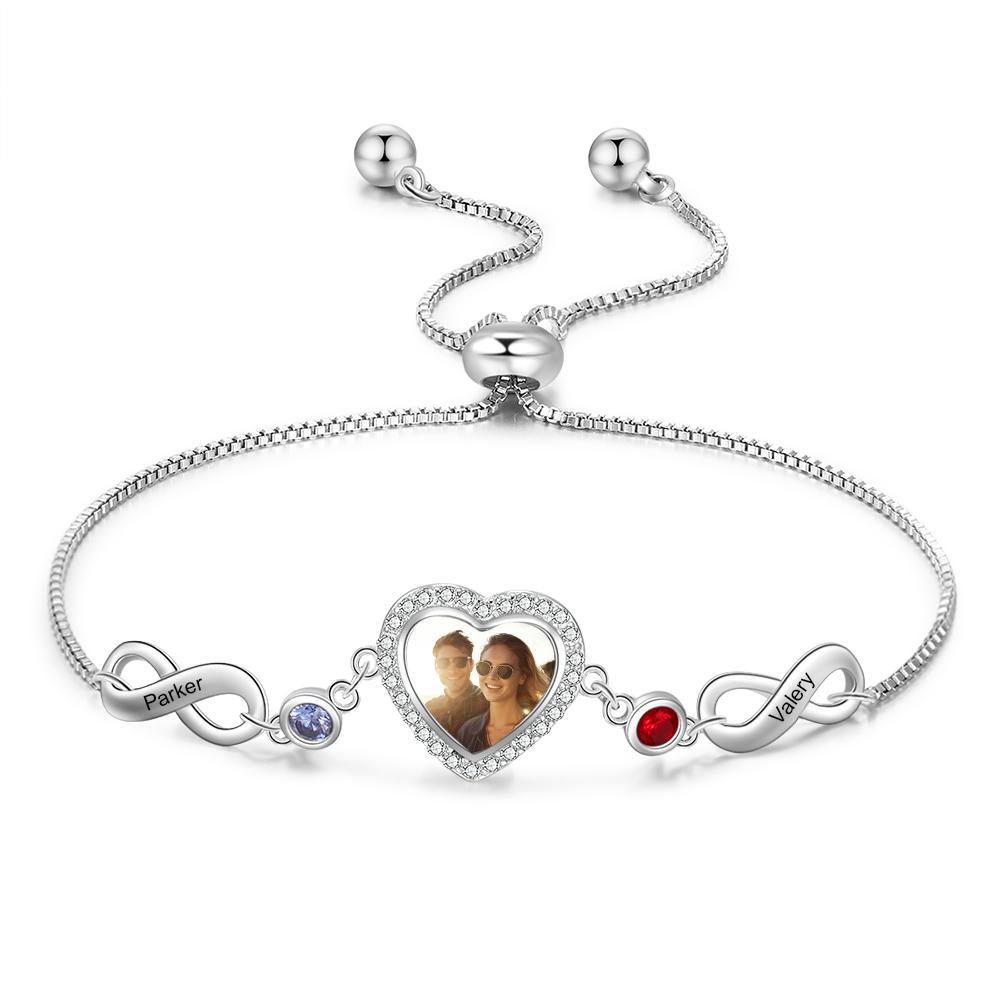 Pulsera para mujer con Corazón de 1 Foto Personalizada y con 2 Infinito de Nombres con 2 Piedras de Nacimiento