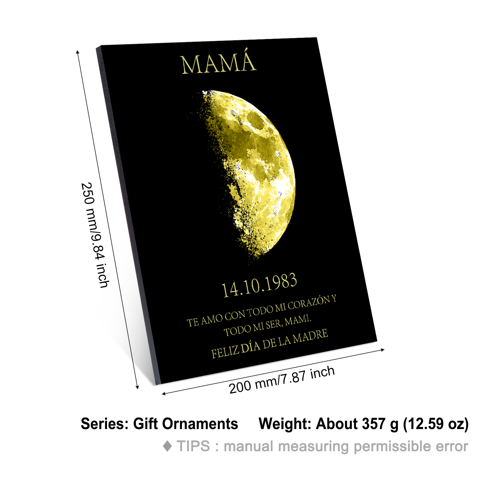 A mi mamá-Lámina con luna marco de madera personalizado con fecha y texto-Jessemade ES