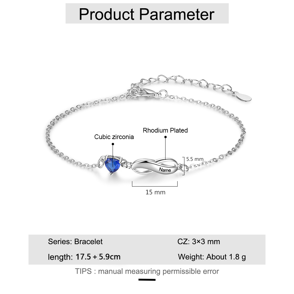 Pulsera "infinito" personalizada con 1 nombre y 1 piedra de nacimiento de corazón-Jessemade ES