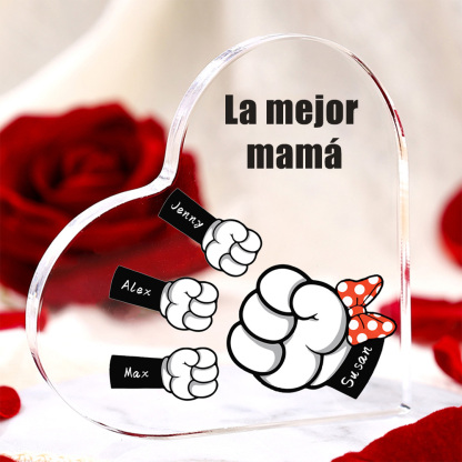 A mi mamá/abuela-Placa de acrílico "Puños" en forma de corazón 4 nombres y 1 texto personalizados-Jessemade ES