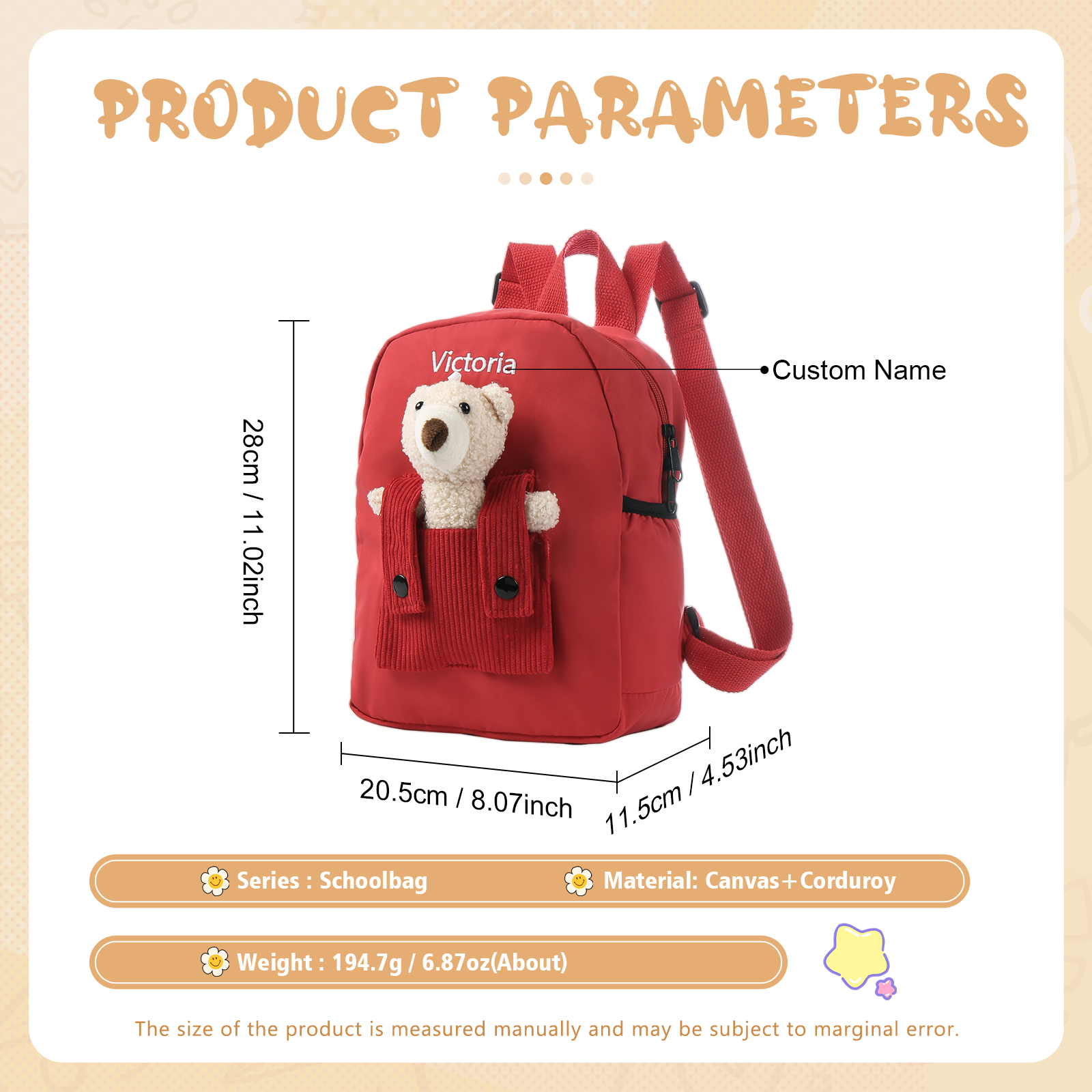 Mochilas escolares para los niños con peluche de oso con nombre personalizado bordado