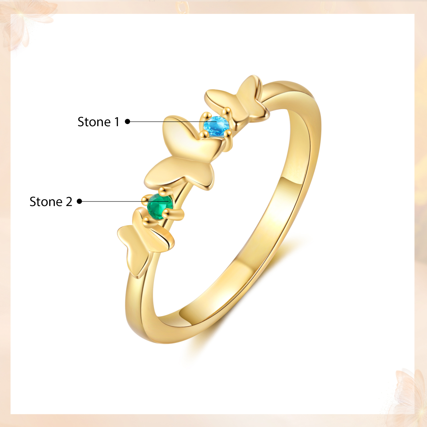 Anillo de mariposa personalizado con 2 piedras de nacimiento anillo familia-Jessemade ES
