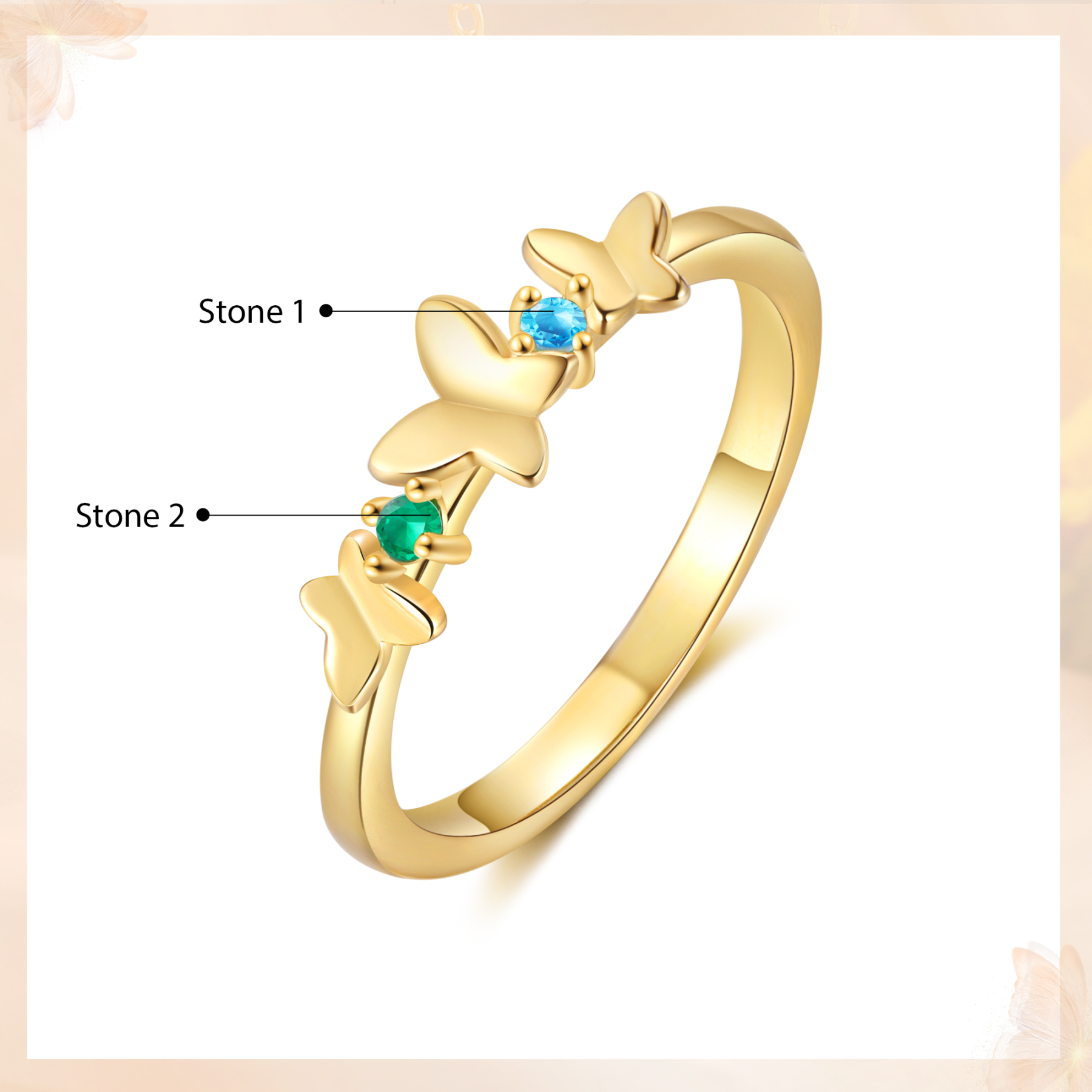 Anillo de mariposa personalizado con 2 piedras de nacimiento anillo familia-Jessemade ES