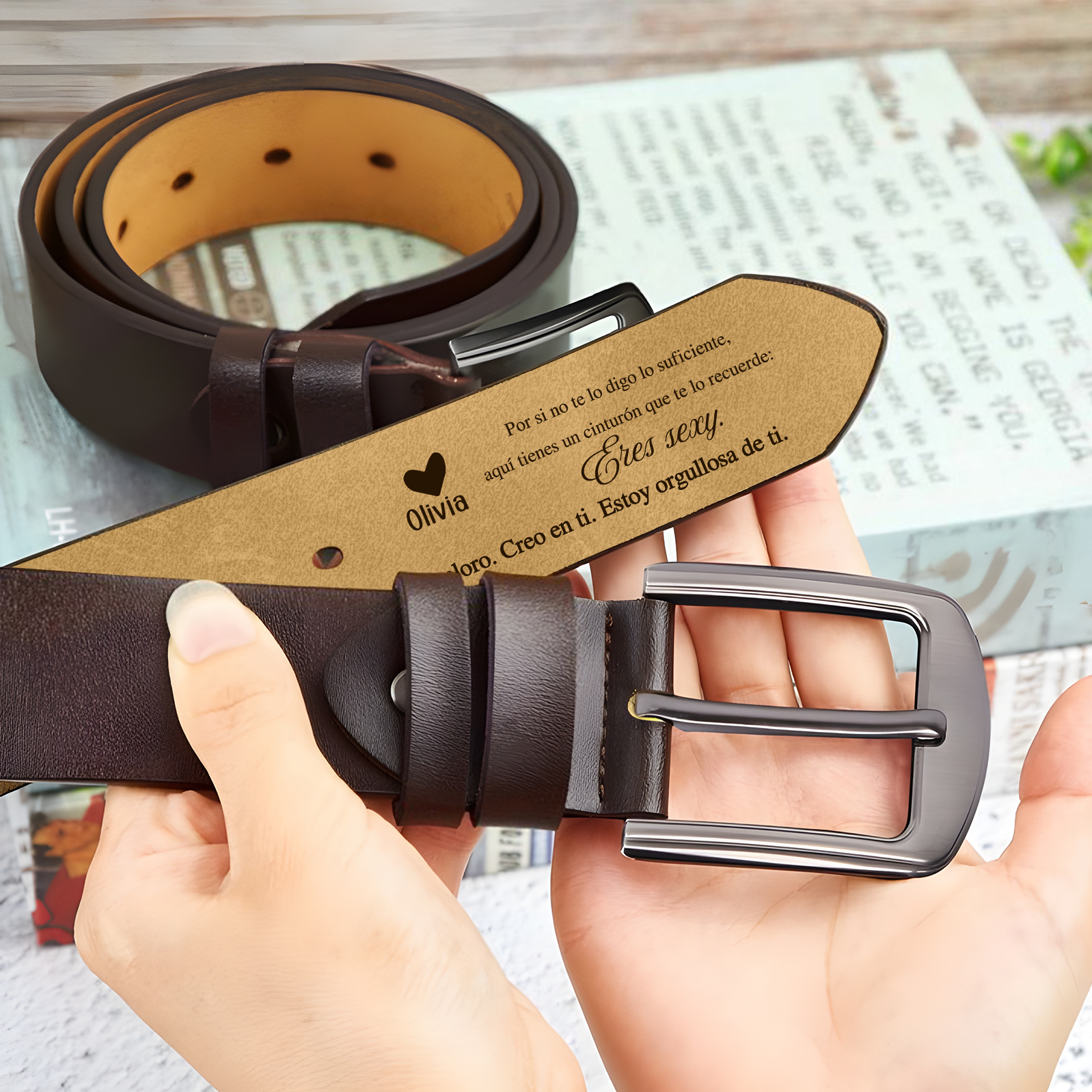 Cinturón de cuero con frases amorosos para hombre con 1 nombre personalizado regalo para pareja | Jessemade