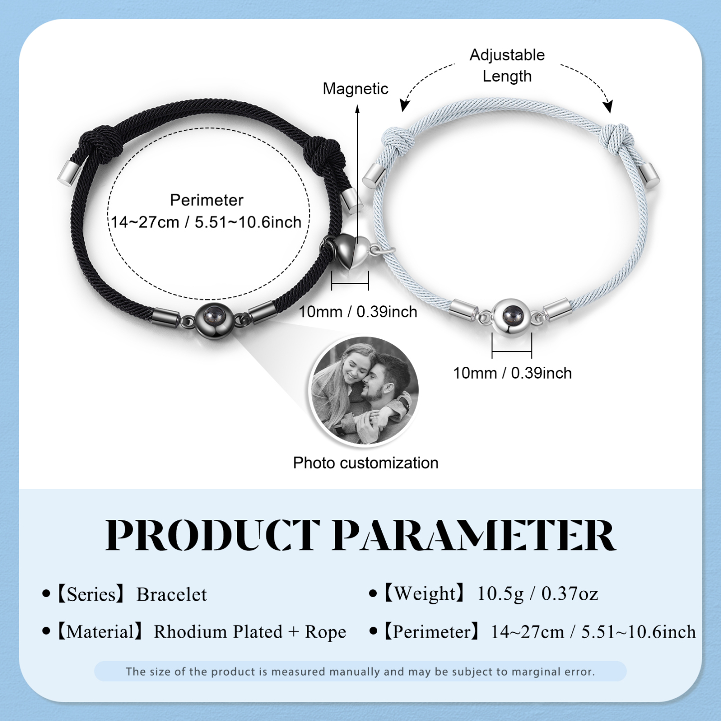 Pulsera para pareja con proyección de foto con dije de corazón magnético-Jessemade ES