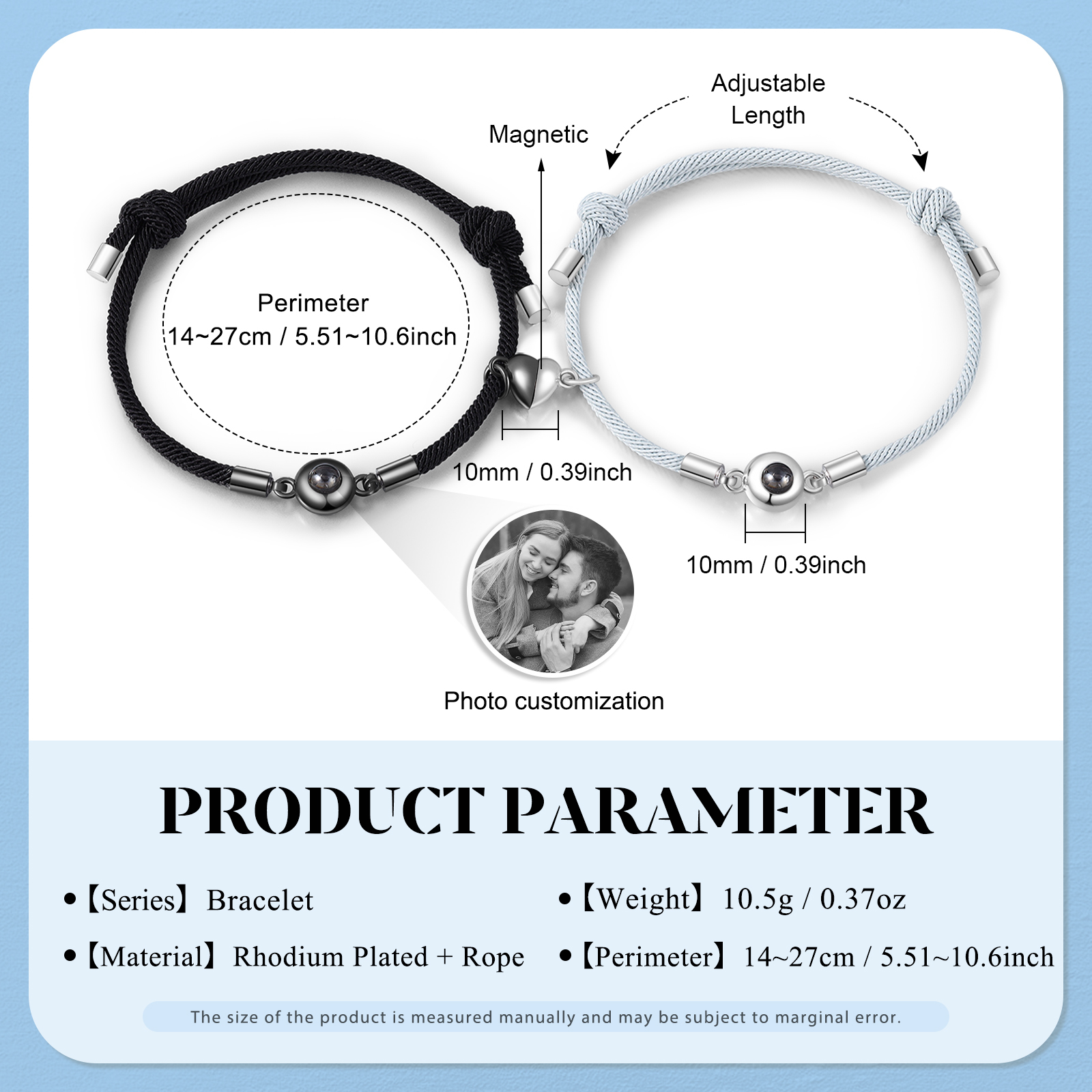 Pulsera para pareja con proyección de foto con dije de corazón magnético-Jessemade ES