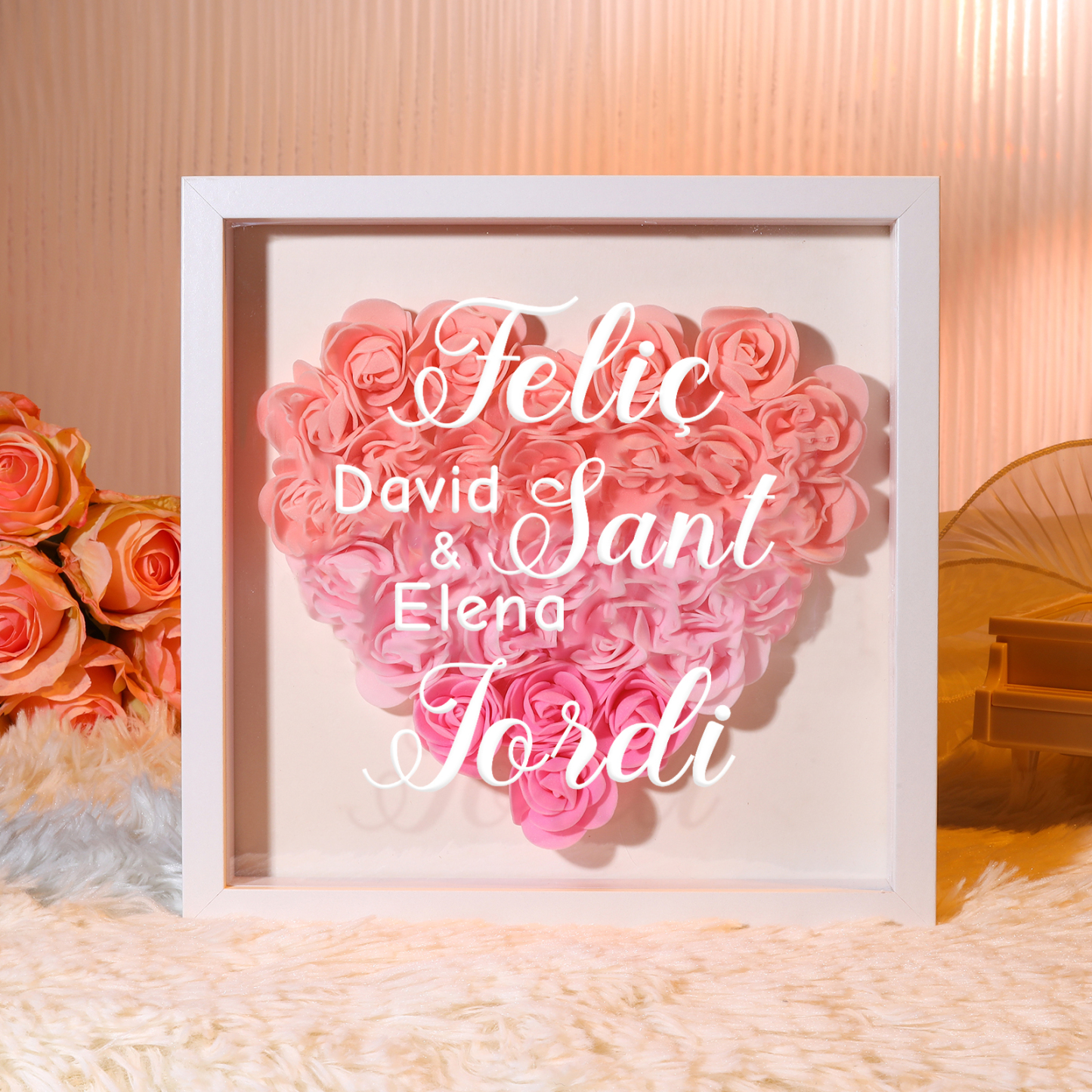 Sant Jordi-Adorno de madera de flores personalizado con 2 nombres-Jessemade ES