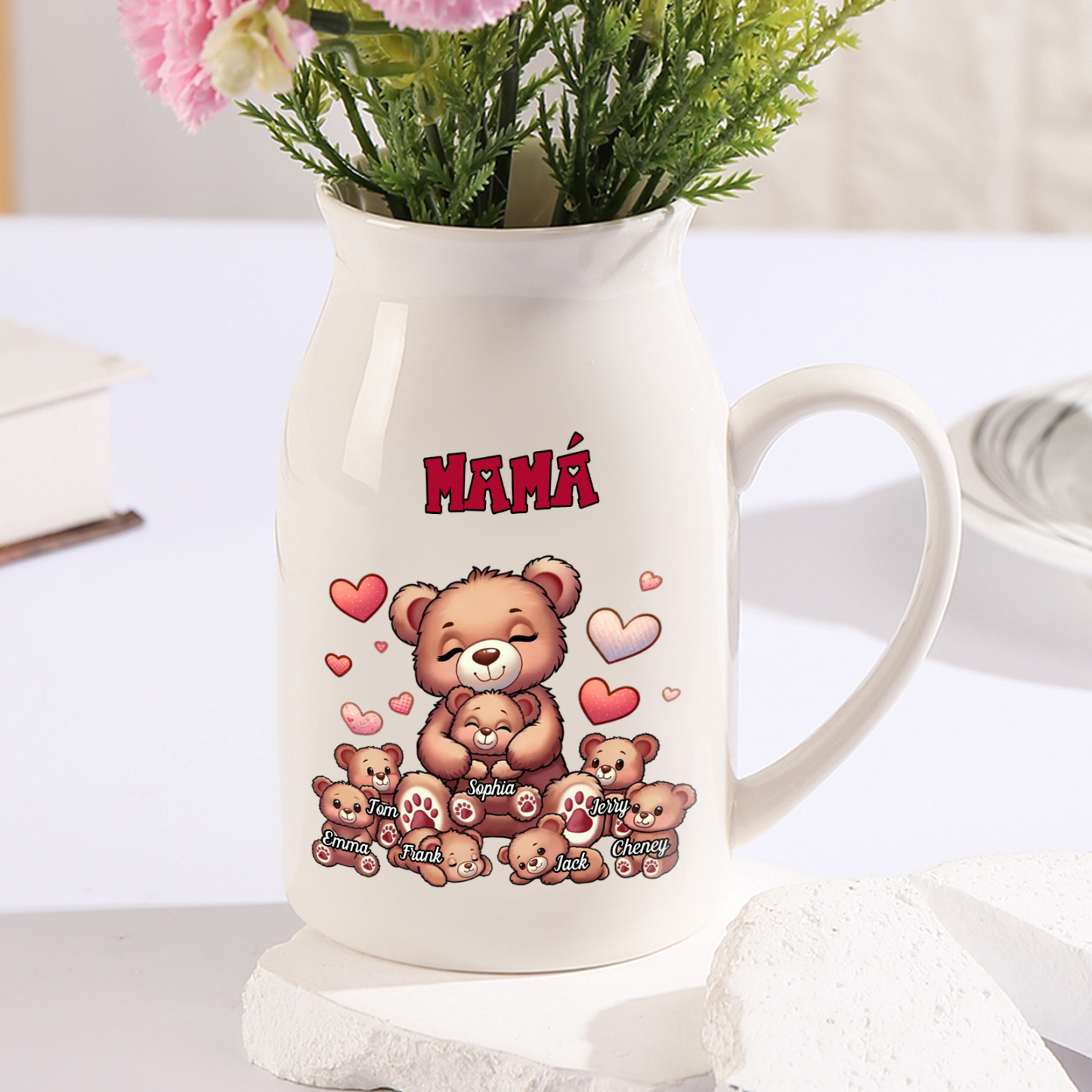 Florero de cerámica mamaosa y sus bebés 2-8 nombres personalizados con texto decoración del hogar-Jessemade ES