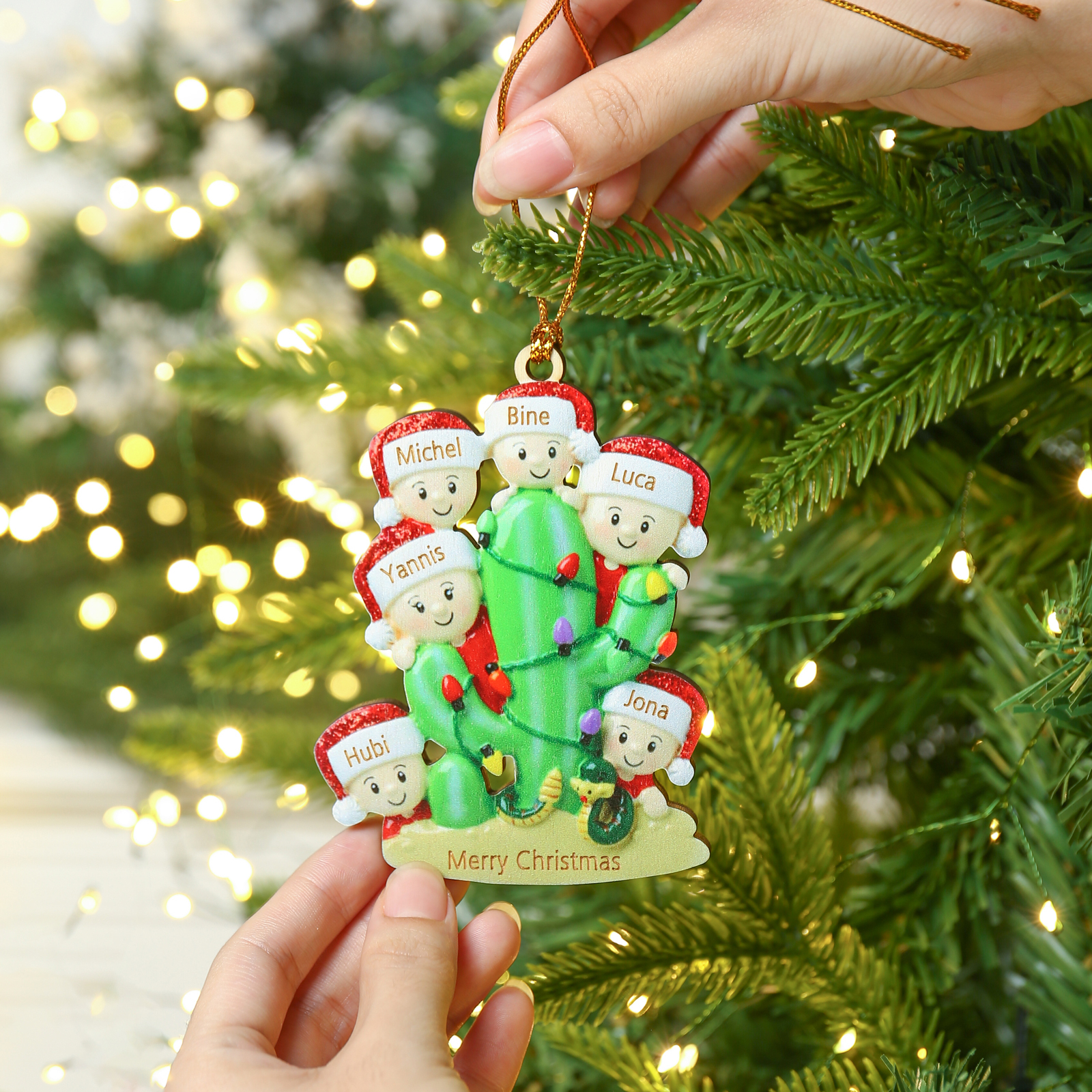 Navidad-Ornamento muñecos navideño de madera cactus 6 nombres y 1 texto personalizados adorno del árbol-Jessemade ES