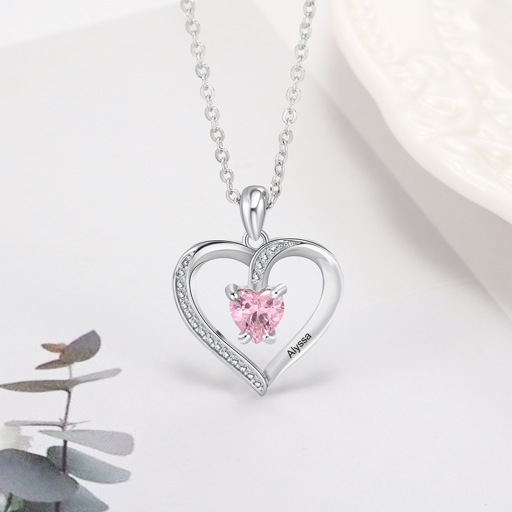 Collar para mujer de corazón con 1 nombre y 1 piedra de nacimiento personalizados | Jessemade