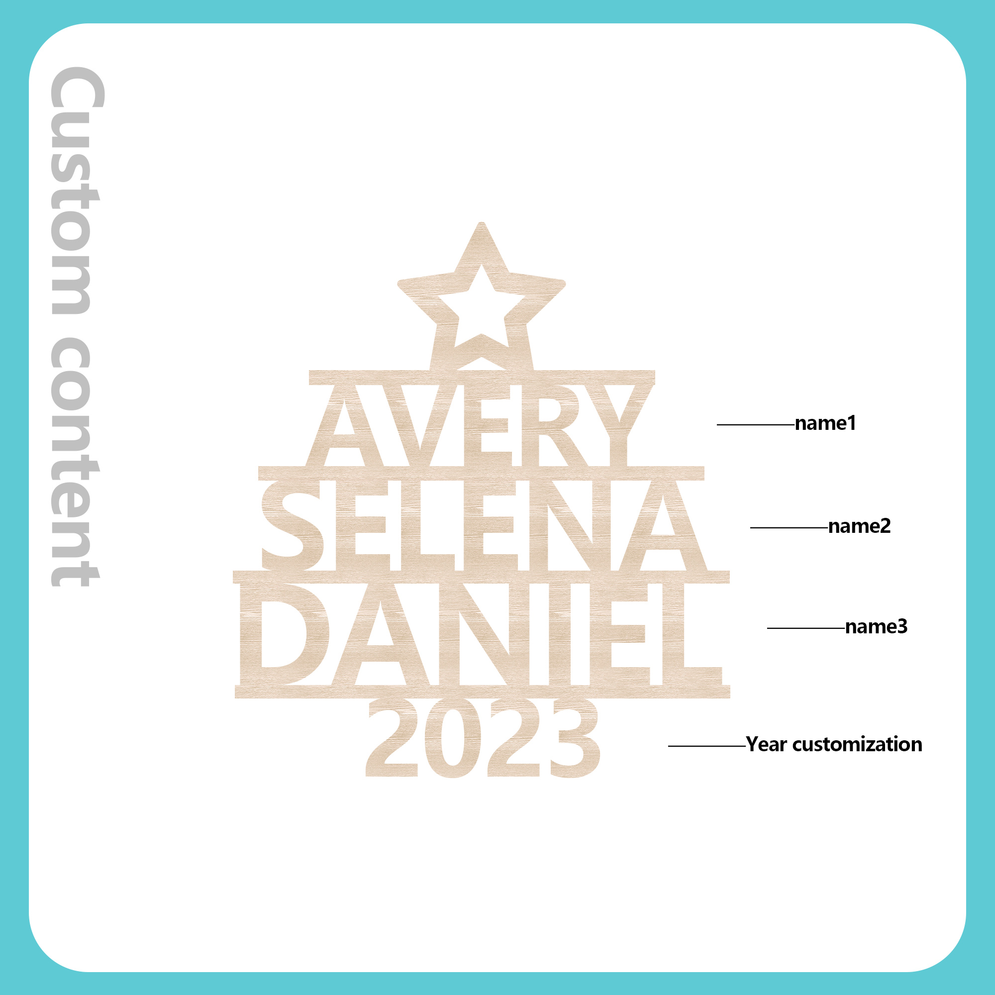 Navidad-Ornamento navideño de madera árbol de nombres con 3 nombres y año personalizados