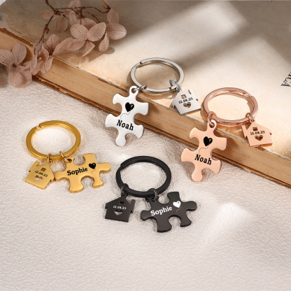 Llavero para pareja rompecabezas 2 nombres personalizados con fecha dije de casa-Jessemade ES