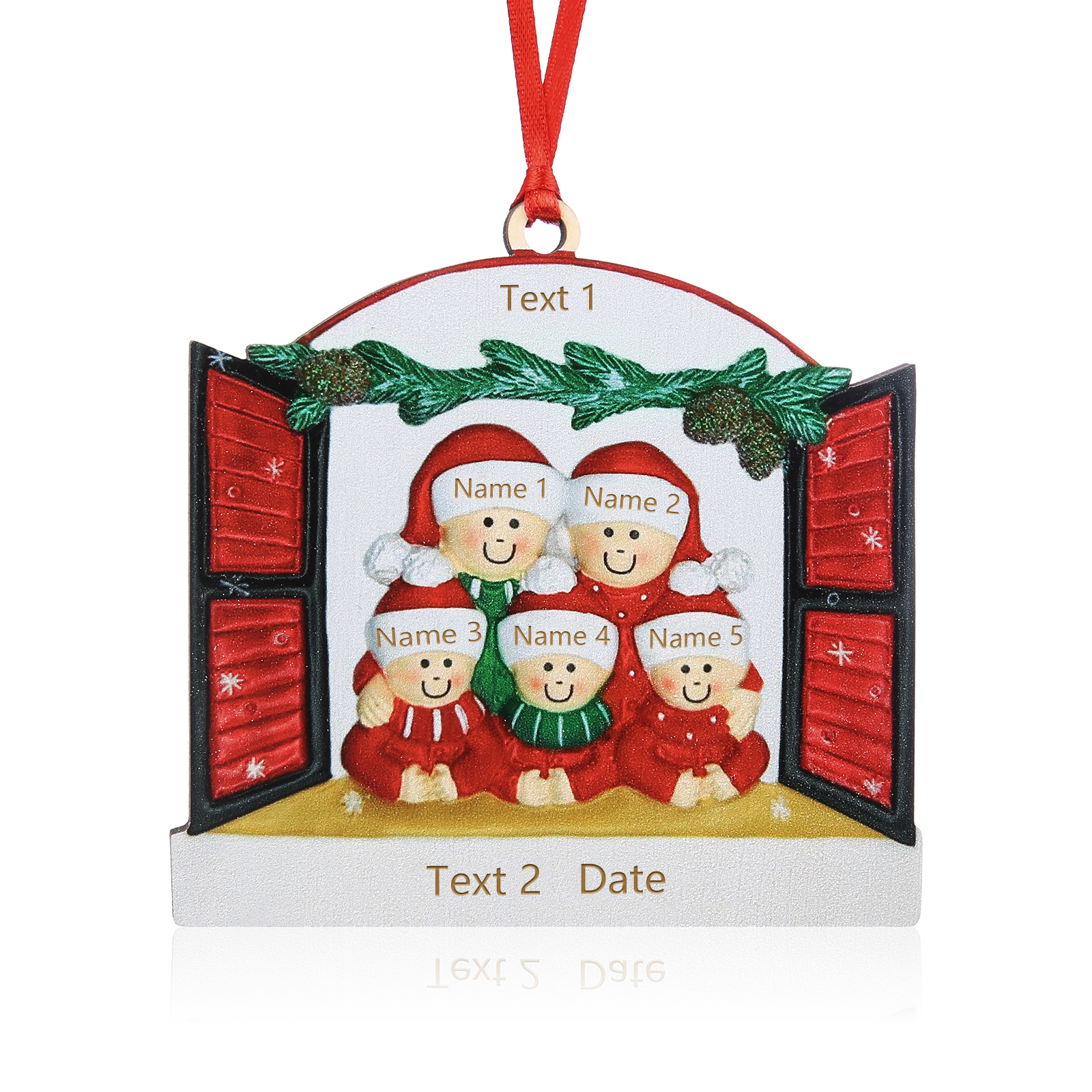 Navidad-Ornamento muñecos navideño de madera familia de 5 y 2 textos y año personalizados adorno del árbol-Jessemade ES