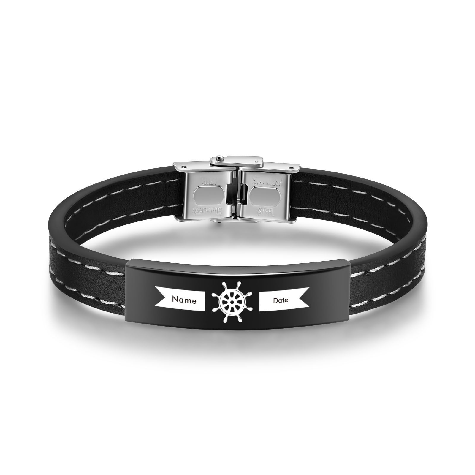 Pulsera de Cuero con Placa de Nombre y Fecha Personalizados -Jessemade ES