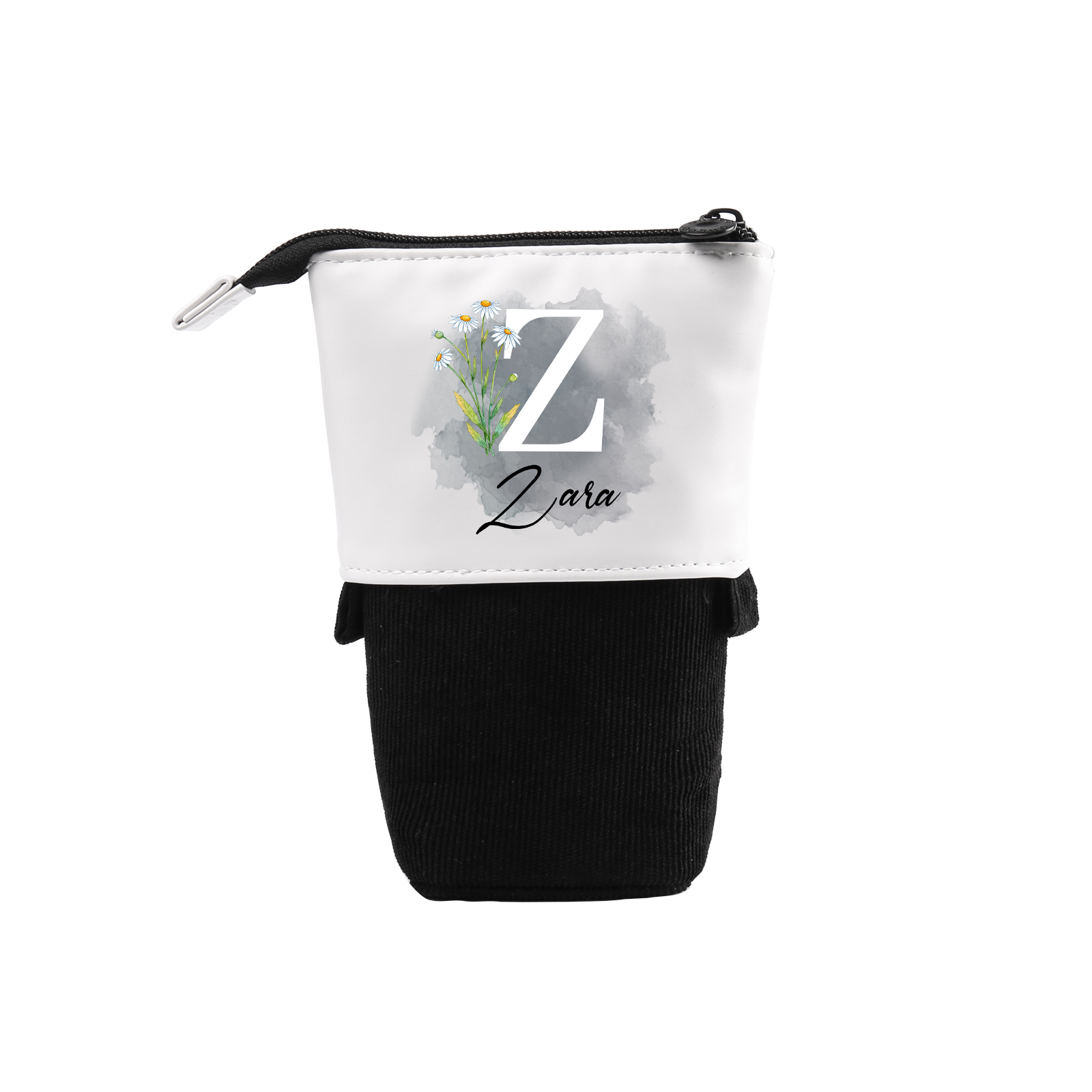 Estuche personalizado con nombre, letra y flor de nacimiento con diseños coloridos para niños