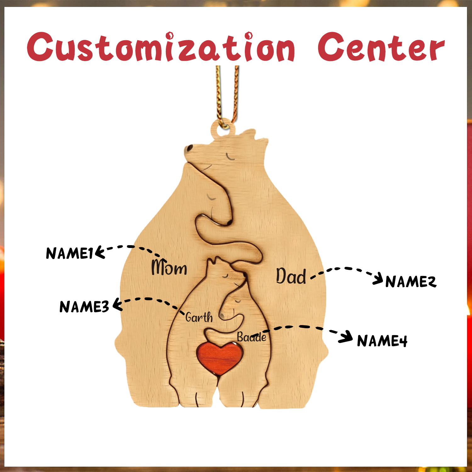 Navidad-Ornamento muñecos navideño de madera familia de canguros 4 nombres personalizados adorno del árbol-Jessemade ES