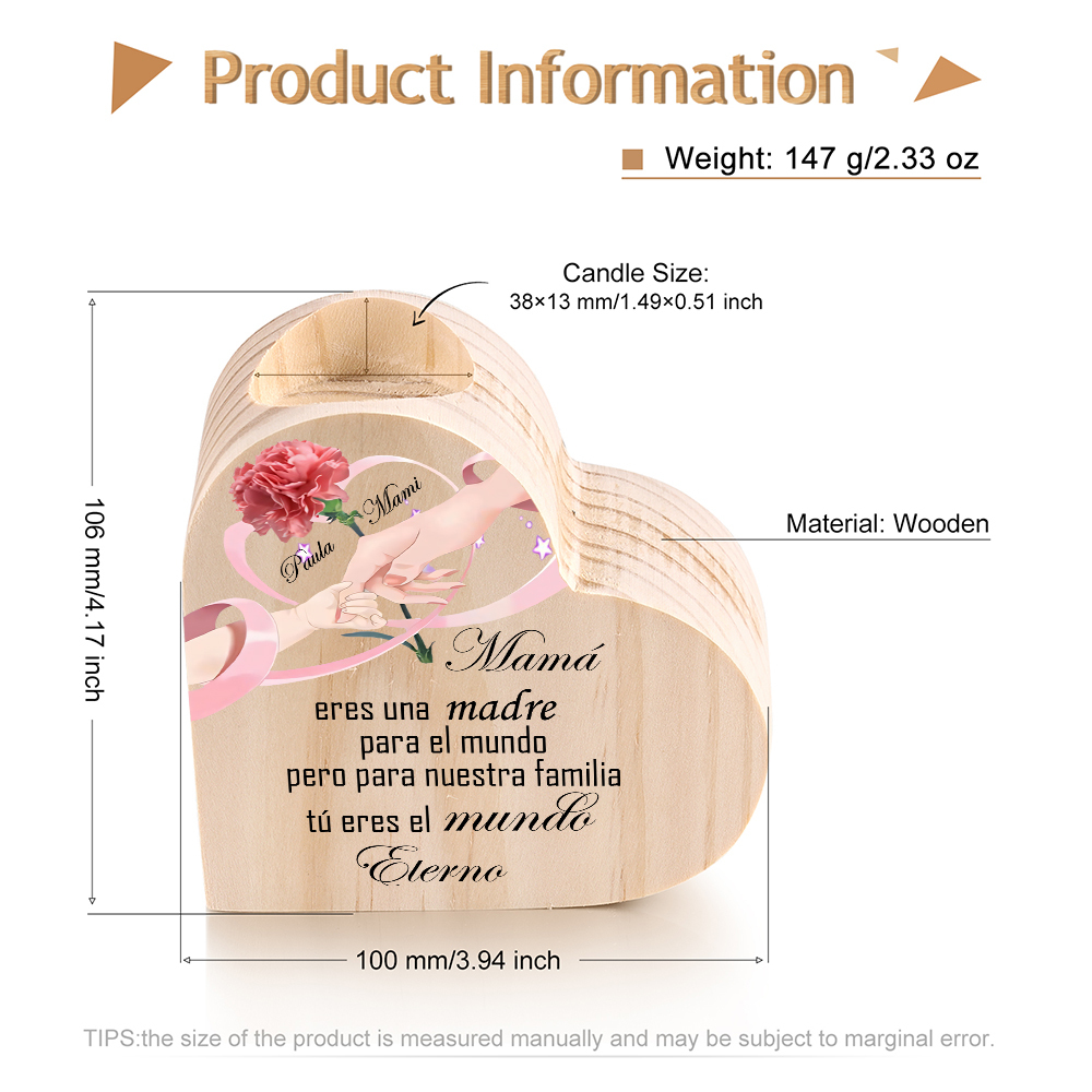 A mi mamá-Candelero con 2 nombres personalizados en forma de corazón de madera sin candela-Jessemade ES
