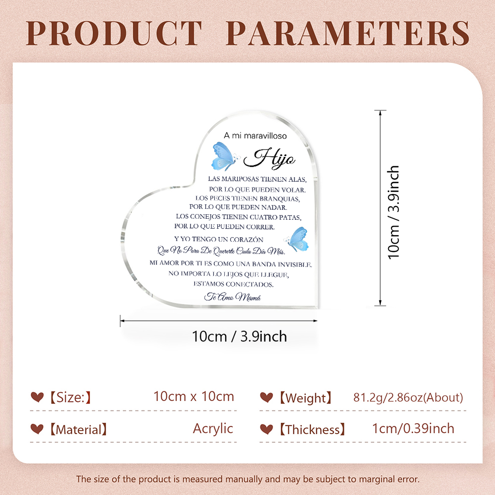 A mi hijo-Placa de acrílico en forma de corazón con 1 texto personalizado-Jessemade ES