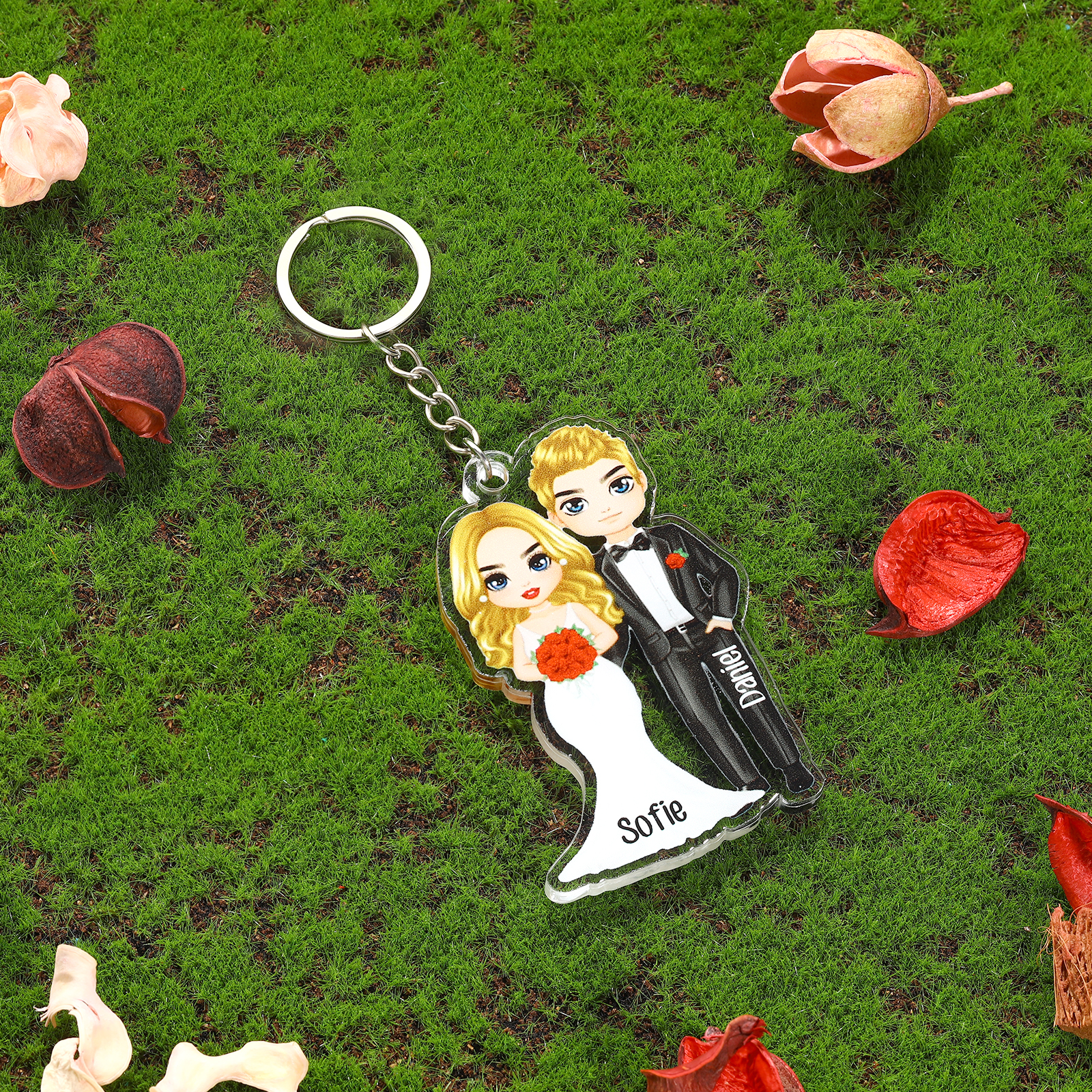 Llavero de acrílico con muñecos de pareja en boda 2 nombres personalizados-Jessemade ES