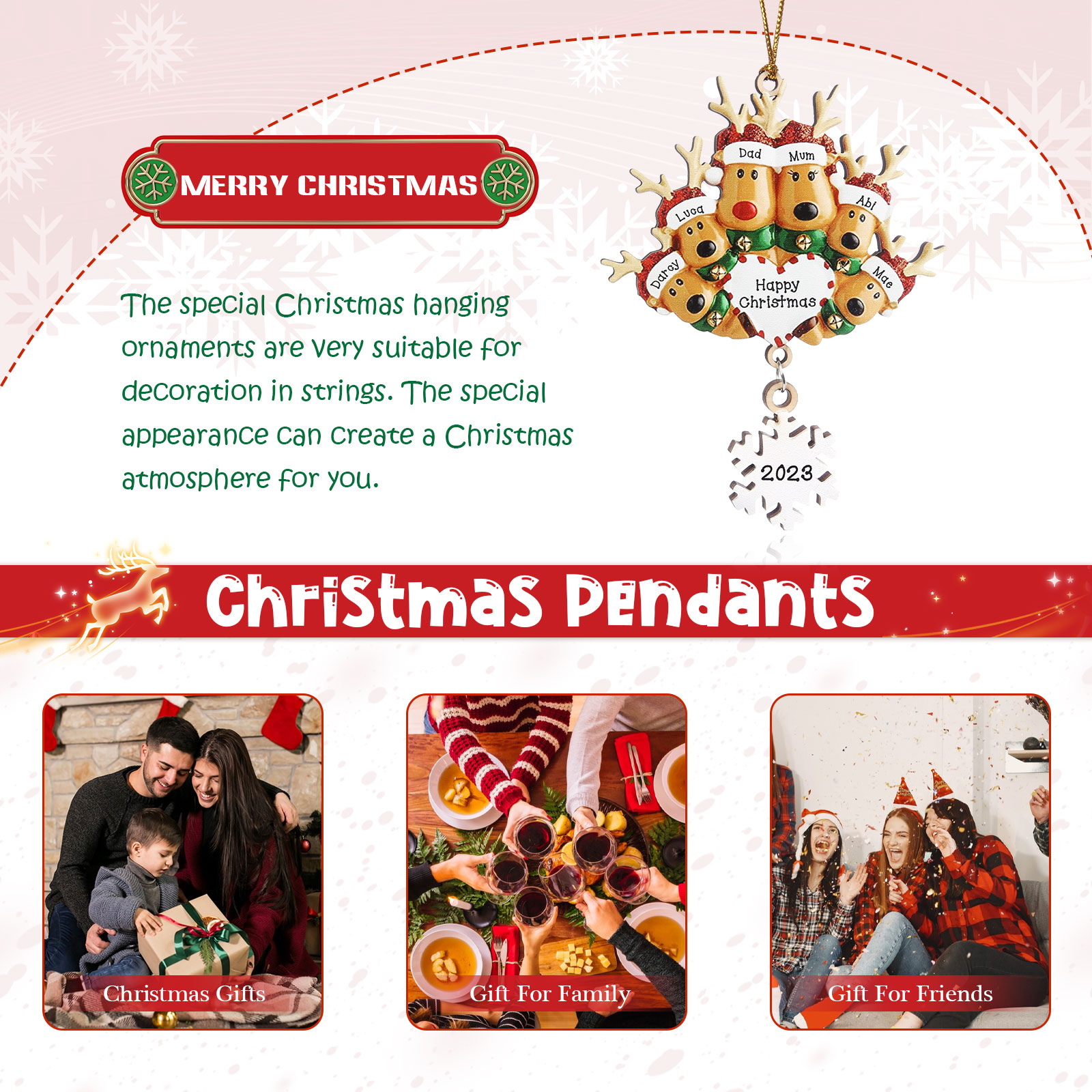 Navidad-Ornamentos Navideños de Madera Renos 6 Nombres con Texto y Año Personalizados