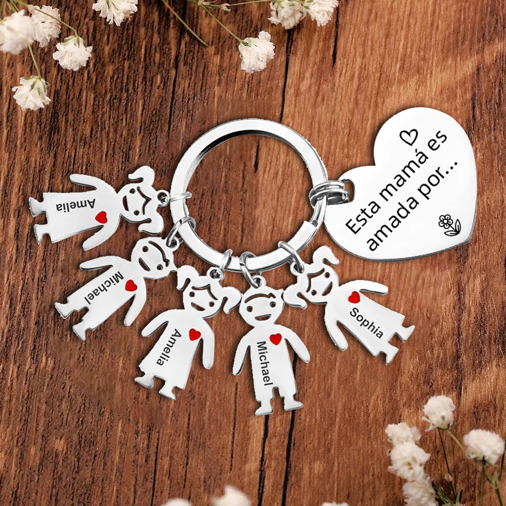 A mi mamá - Kit de regalo de cartera, llavero con "5 niños", tarjeta y caja nombre y flor de nacimiento personalizados | Jessemade