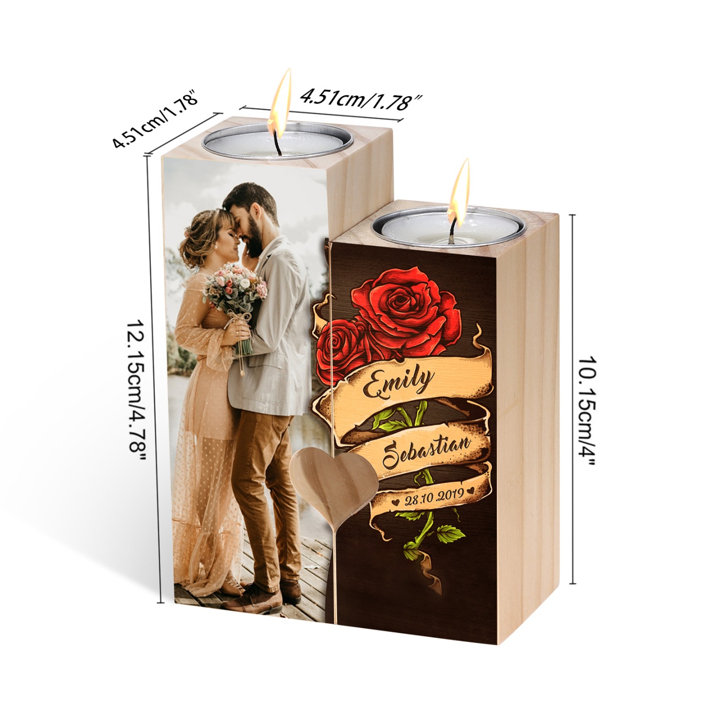 Candelero para pareja de madera de dos piezas sin candela con 2 nombres, fecha y foto personalizados-Jessemade ES