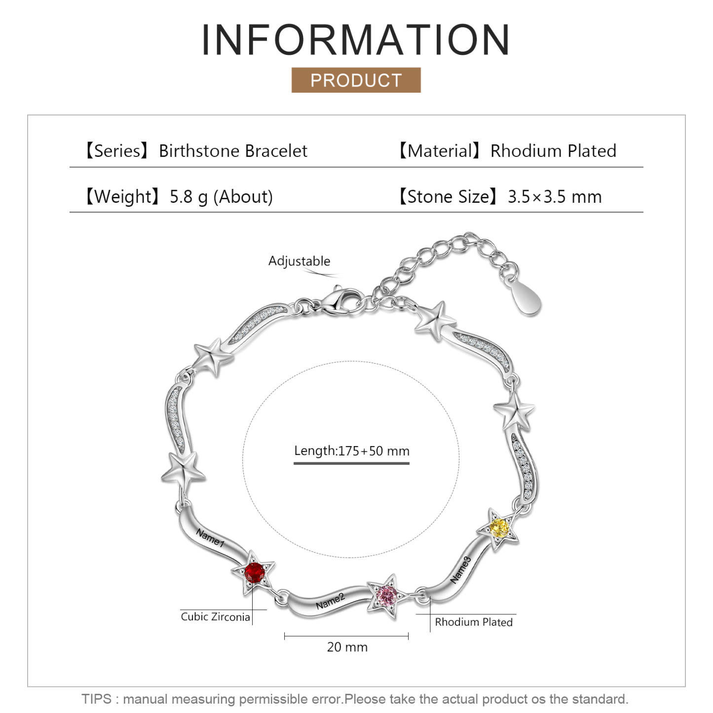 Pulsera Brazalete personalizada de 3 nombres y estrellas con 3 piedras de nacimiento-Jessemade ES