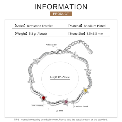 Pulsera Brazalete personalizada de 3 nombres y estrellas con 3 piedras de nacimiento-Jessemade ES