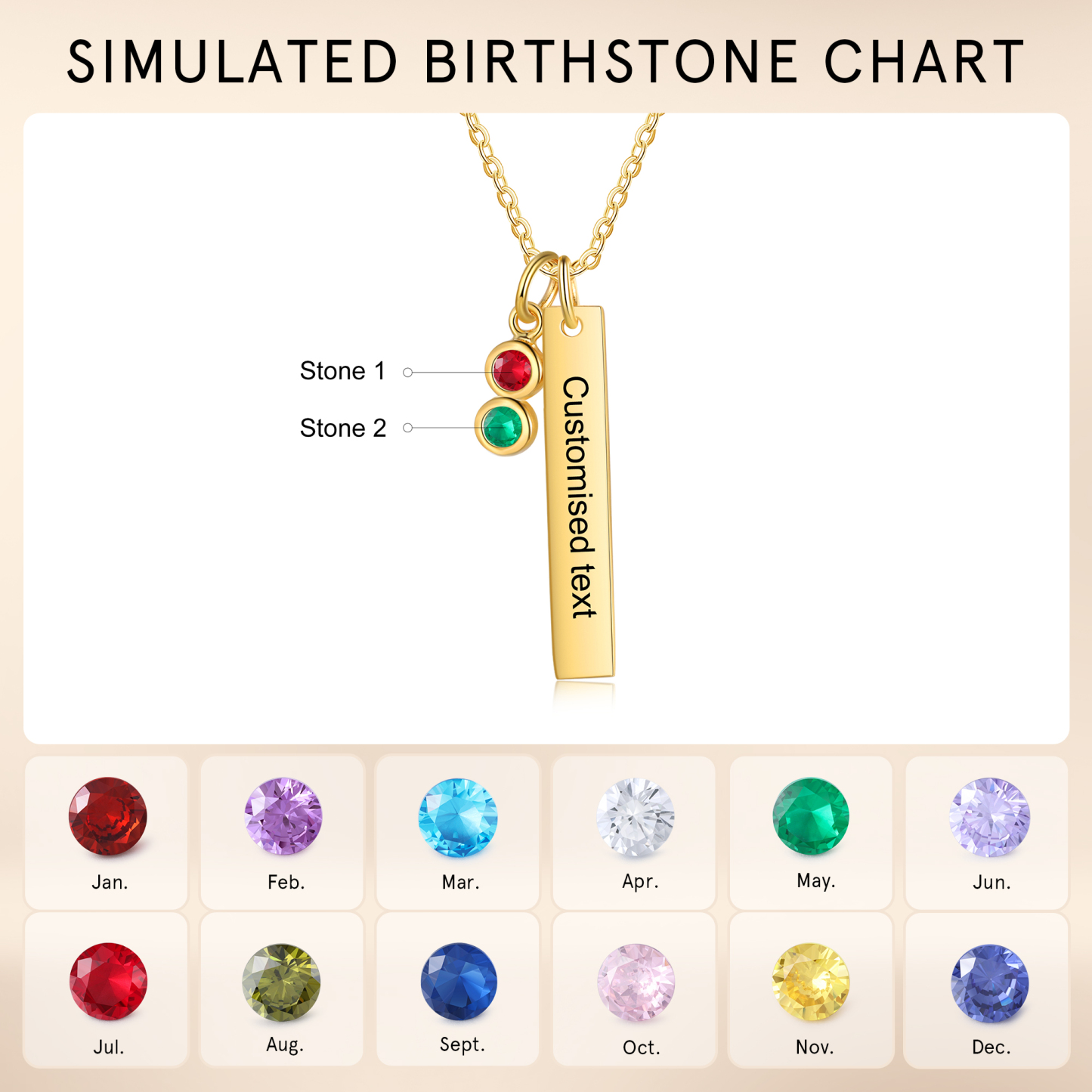 Collar con colgante de placa con 1-6 piedras de nacimiento personalizadas con texto-Jessemade ES