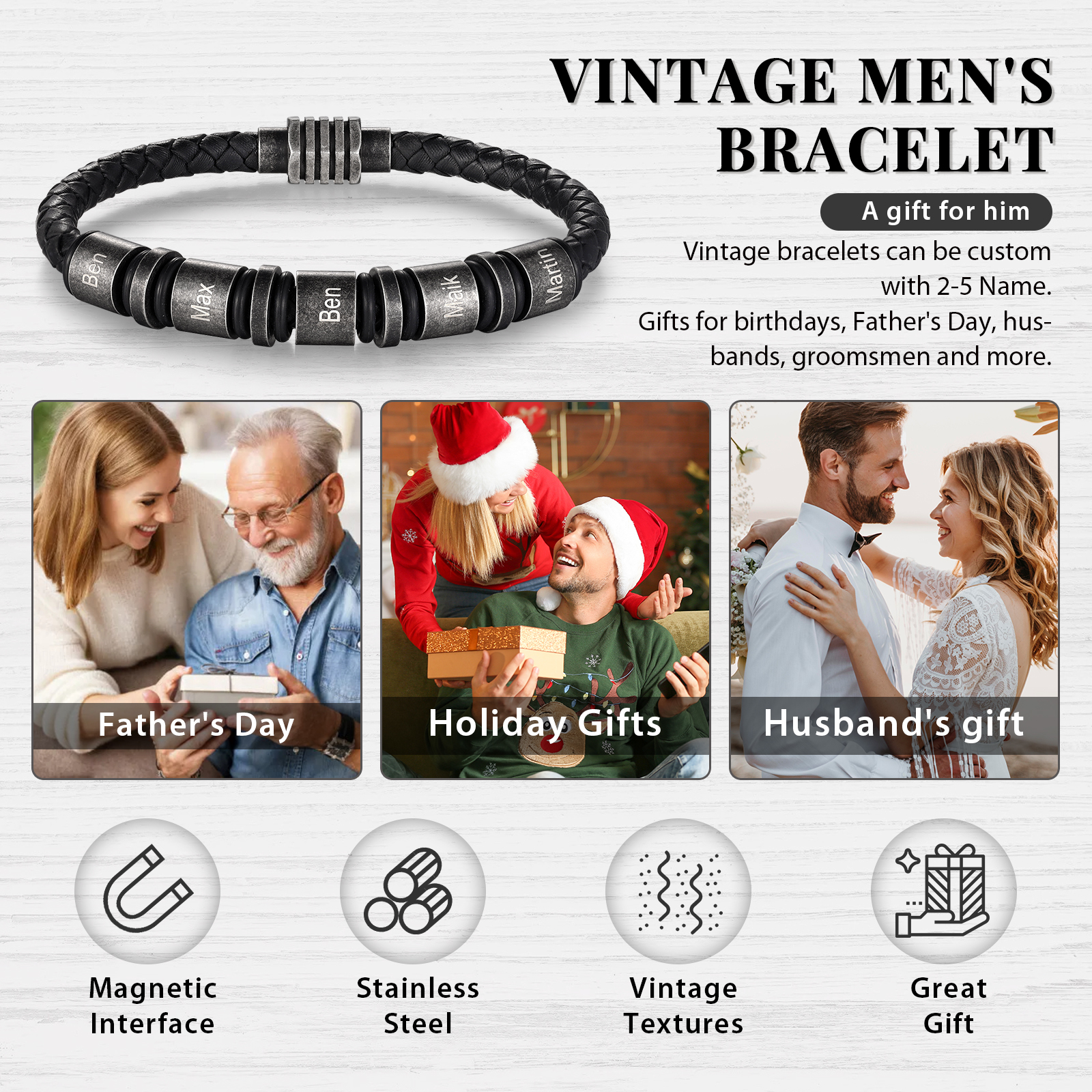 Pulsera de cuero trenzado con 5 aros 5 nombres personalizados pulsera de hombre -Jessemade ES