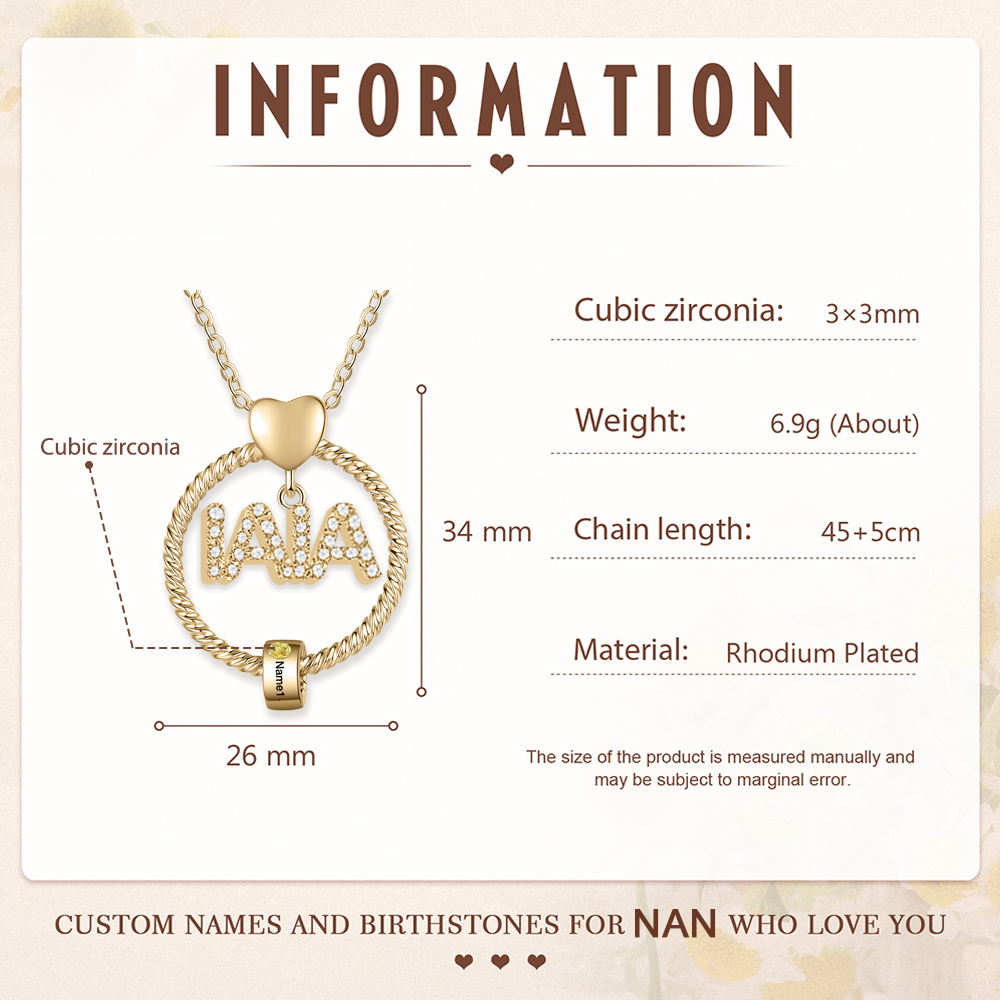 Collar a abuela con colgante de "IAIA" con 1 nombre y 1 piedra de nacimiento personalizados | Jessemade-Jessemade ES