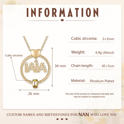 Collar a abuela con colgante de "IAIA" con 1 nombre y 1 piedra de nacimiento personalizados | Jessemade-Jessemade ES