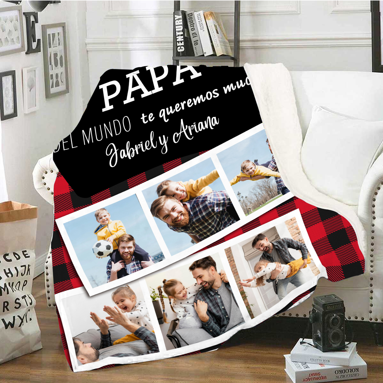 A mi padre de hij@s-Manta de buen calidad personalizada con 1 nombre, 1 texto y 6 fotos-Jessemade ES