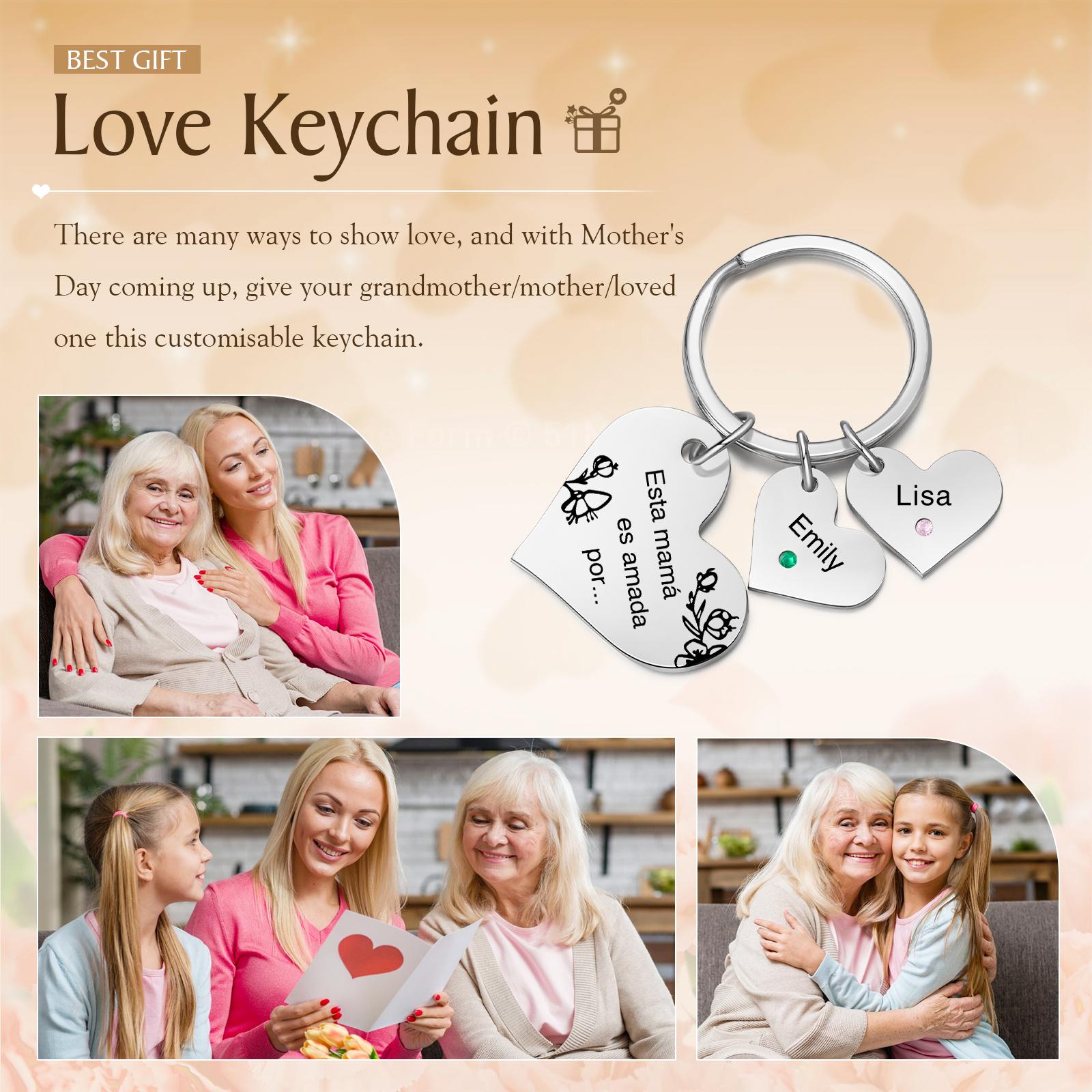 A mi mamá/abuela - Llavero con 2 nombres y piedras de nacimiento personalizados en corazones con texto-Jessemade ES