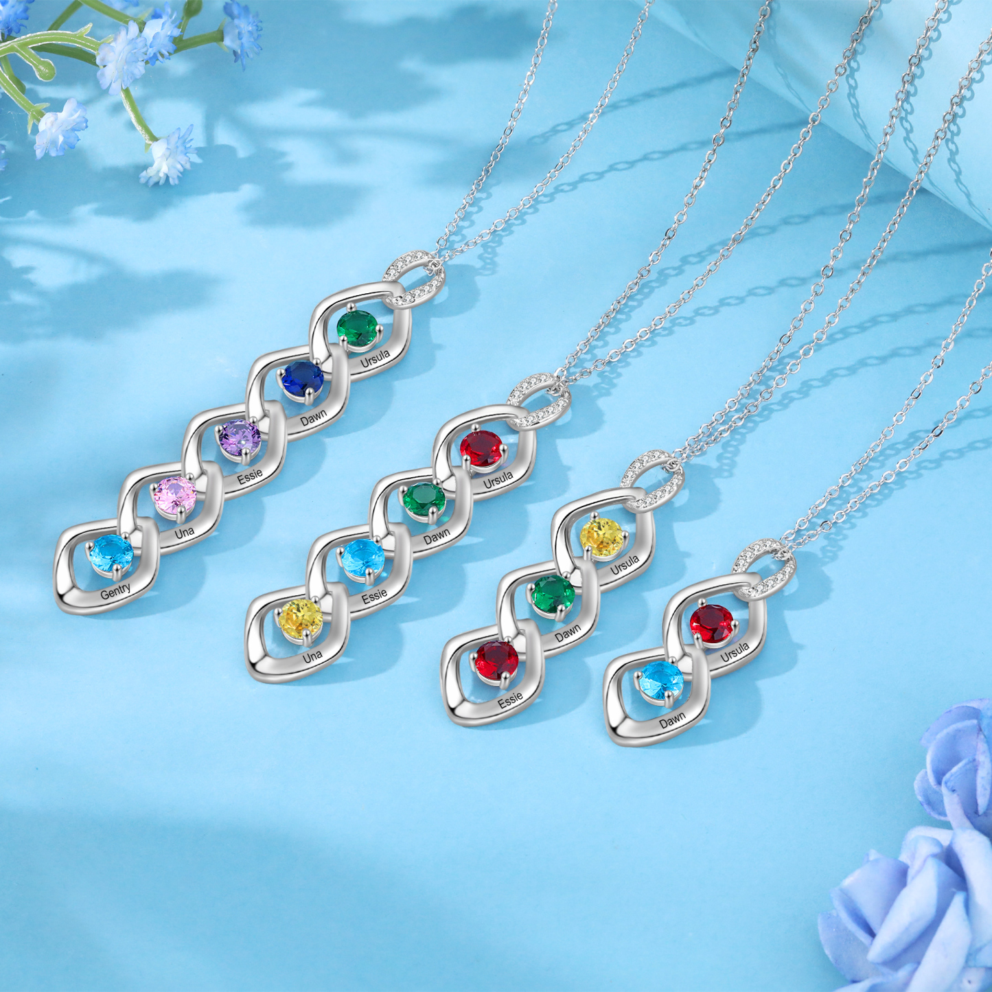 Collar de lazos con 2-5 nombres y piedras de nacimiento personalizados-Jessemade ES