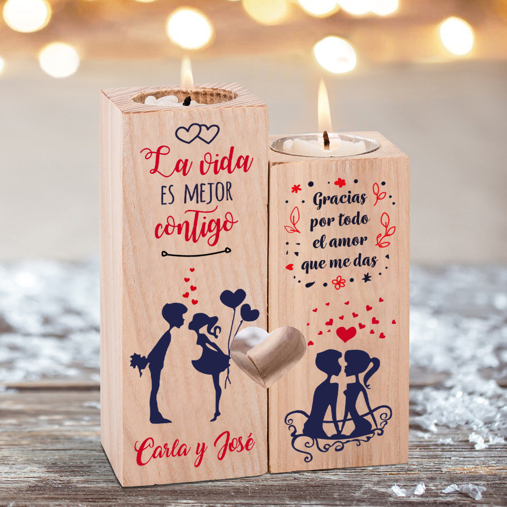 Candelero para pareja de madera de dos piezas sin candela con texto personalizado-Jessemade ES