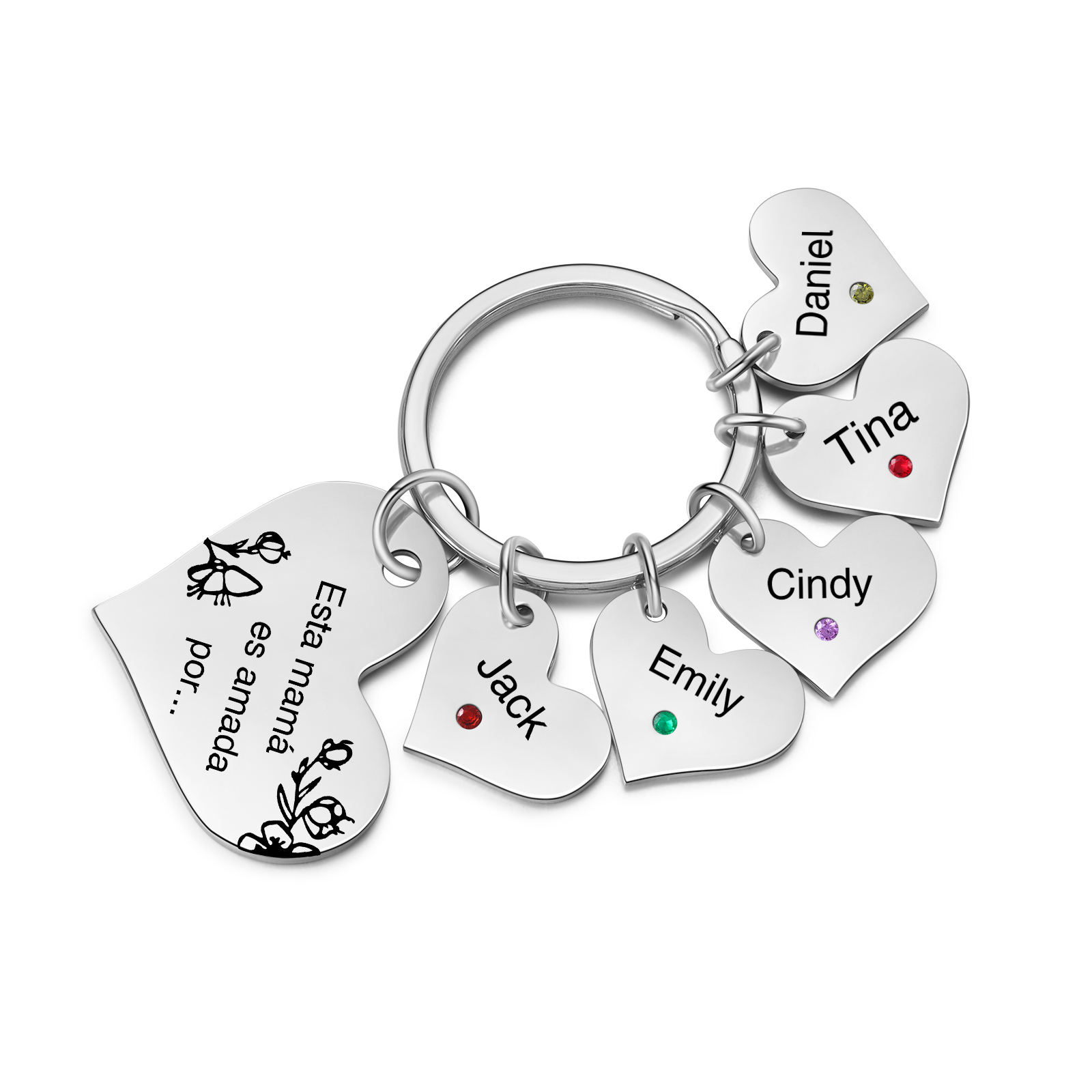 A mi mamá/abuela - Llavero con 5 nombres y piedras de nacimiento personalizados en corazones con texto-Jessemade ES